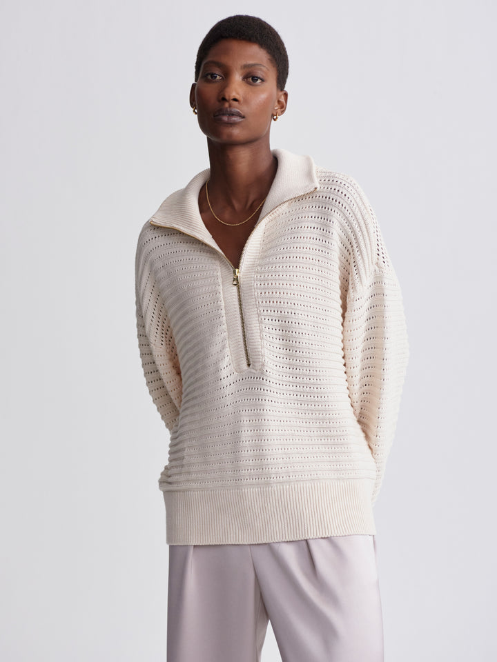 Varley Tara Pointelle Half Zip Knit in Whitecap Gray