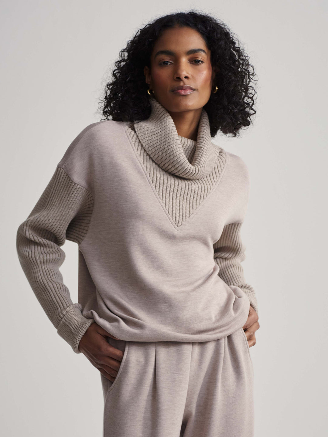 Varley Hannah Cowl Neck Sweat in Taupe Marl