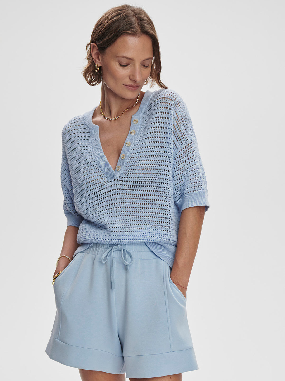 Varley Callie Knit Top in Cashmere Blue