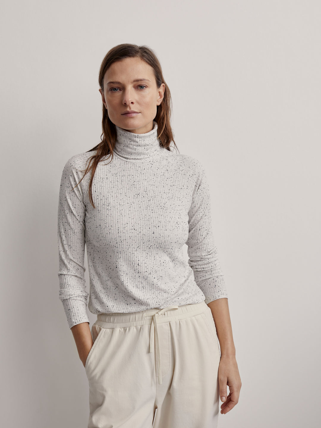 Varley Roya Rollneck Long-Sleeve Tee in Egret/Black