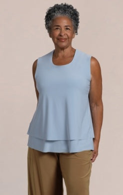 Sympli Sleeveless Jewel Neck Shell in Stone Blue